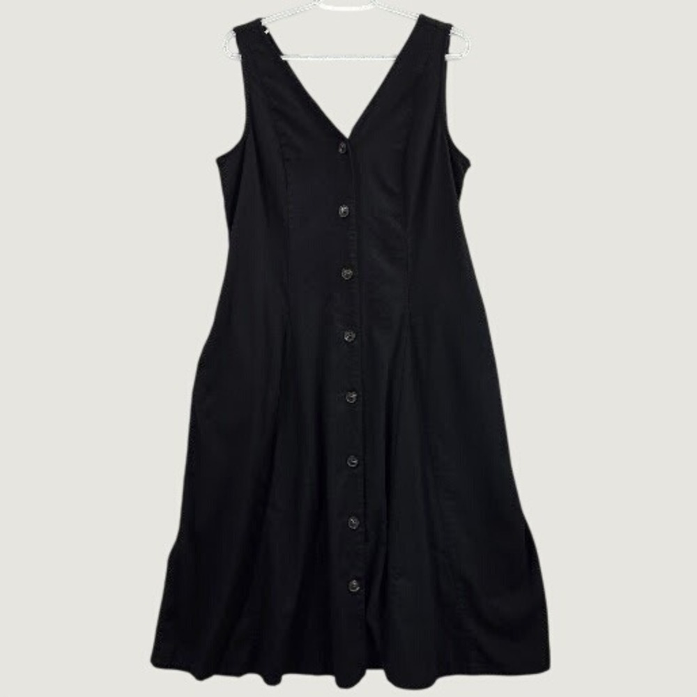 Time and Tru Button Front Dress Women LG Black Cotton Linen Blend Midi Pockets